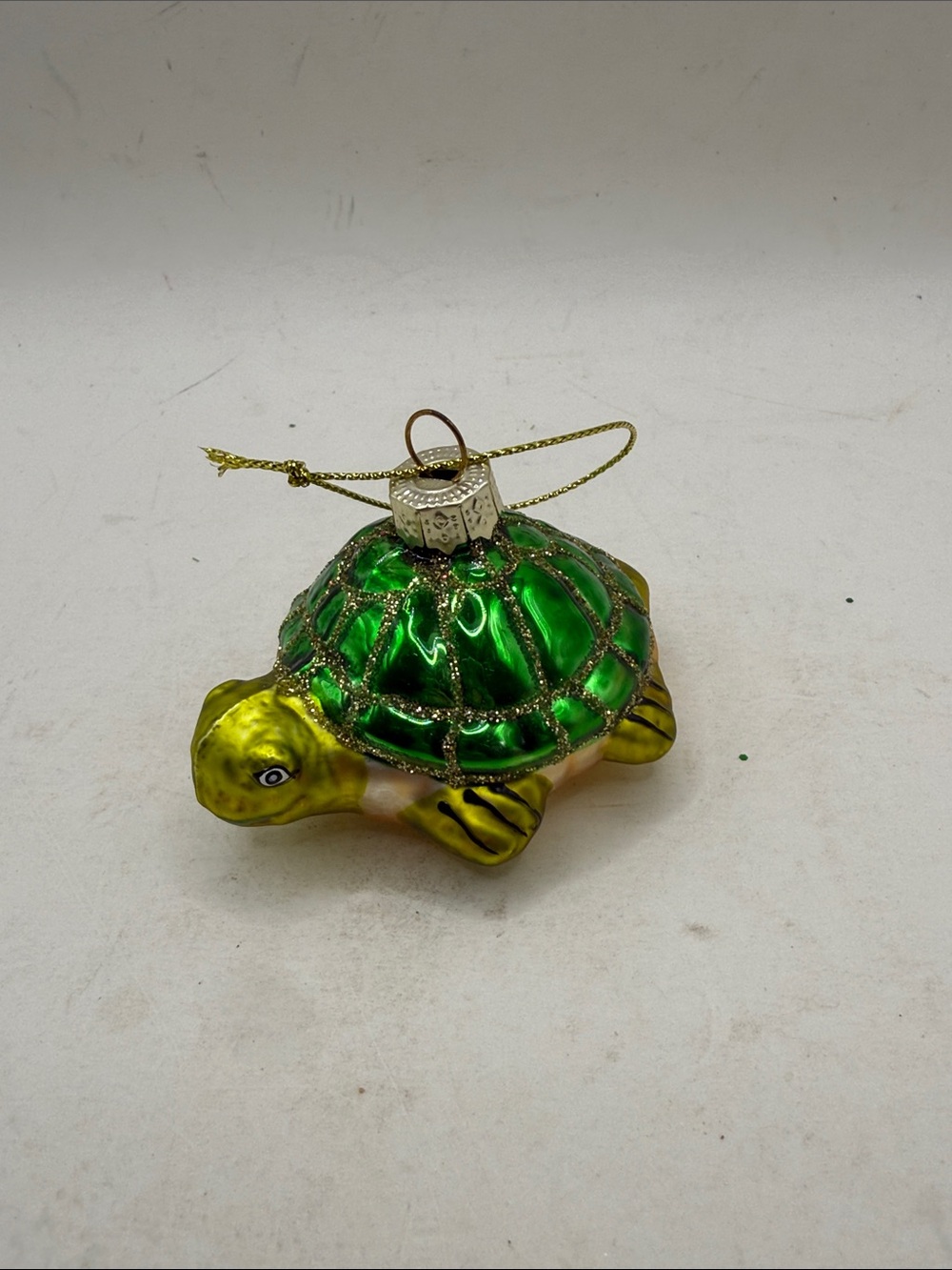 Vintage Glass Turtle Ornament Green Gold Christmas Collectible Decor Holiday